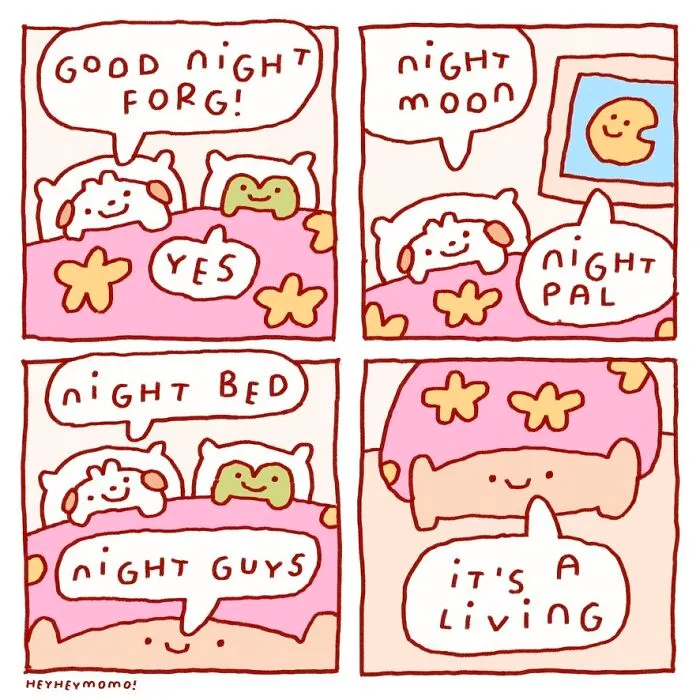 Momo and Forg, tiny best friends, saying goodnight in bed; happy comic of their nightly routine.