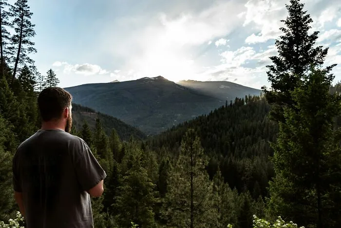Man looks out at mountain valley, reflecting on the tough job market