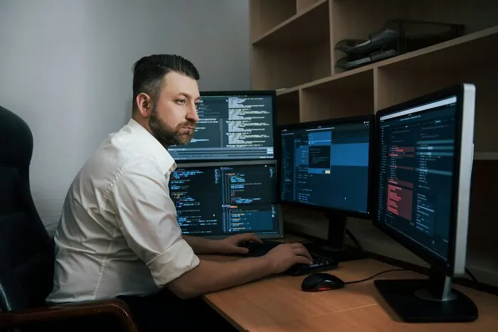 Tech professional working with multiple screens, adjusting to how AI has impacted his industry.