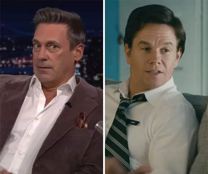 Jon Hamm and Mark Wahlberg in side-by-side interviews, discussing industry secrets of Hollywood