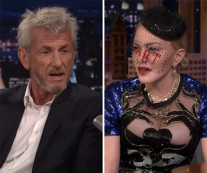 Sean Penn and Madonna in separate talk show appearances, revealing industry secrets of celebrities