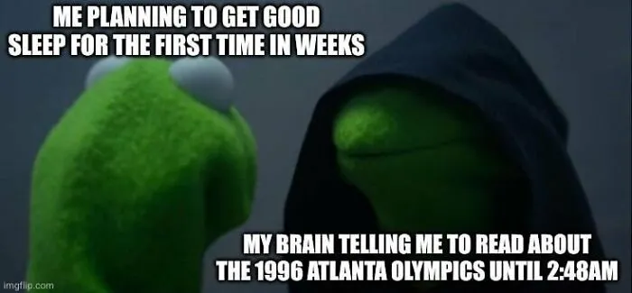 Funny ADHD meme featuring evil Kermit the Frog discussing sleep versus late-night research.