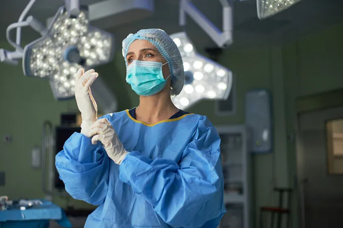 Female surgeon putting on gloves in an operating room, showing life paths of smart kids.