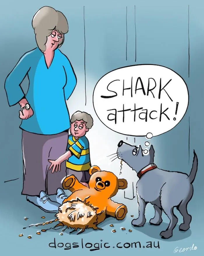 A Dog Logic cartoon showing a guilty grey dog blaming a shark attack for a shredded teddy bear.