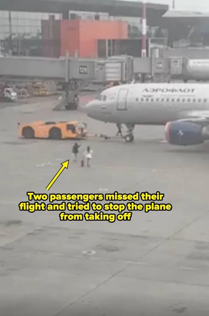 Two passengers running on airport tarmac to stop a plane, embodying main character lives syndrome.