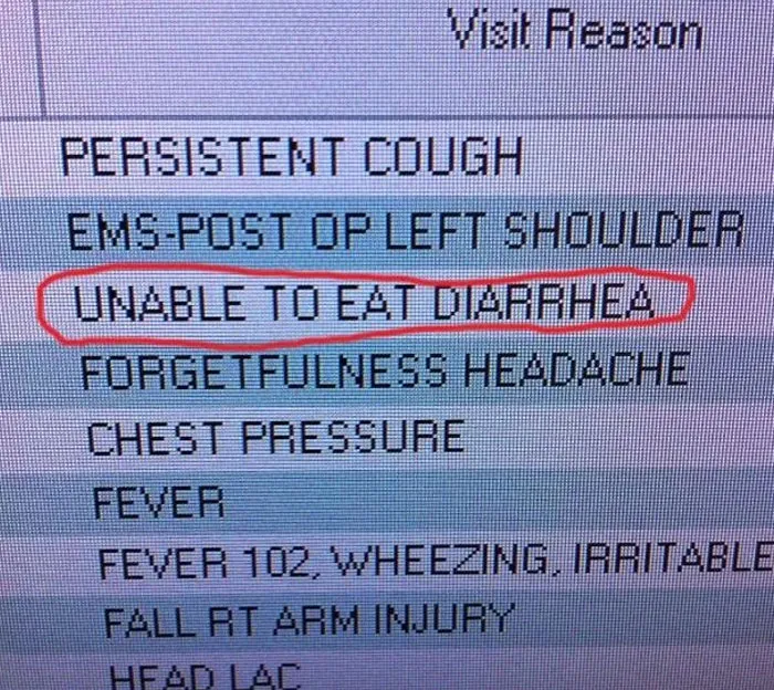 Job fail with medical note missing commas making symptom sound like unable to eat diarrhea