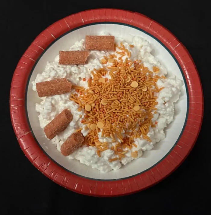 Weird food combinations with cottage cheese topped with orange sprinkles and dog treats in a bowl