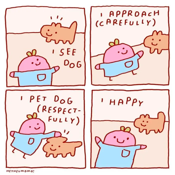 Momo comics: A four-panel comic showing Momo seeing, carefully approaching, petting, and then being happy with a dog, highlighting tiny best friends.