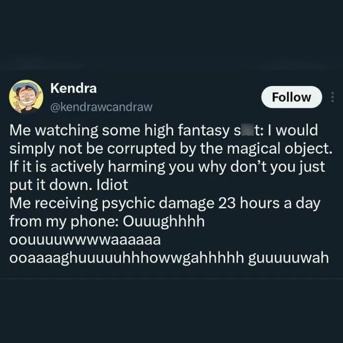 An edgy meme depicting a funny Twitter post about being corrupted by a phone screen.