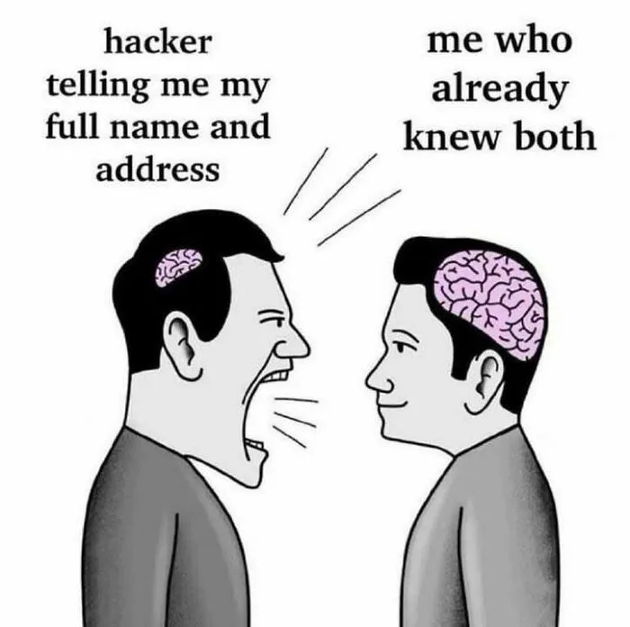 An edgy and hilarious meme comparing a screaming hacker with a small brain to a calm man with a large brain.