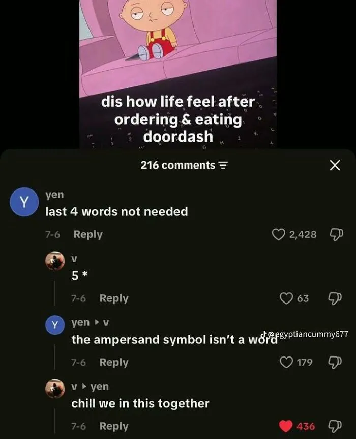 A funny meme and comment section with witty dialogue and hilarious memes about ordering Doordash