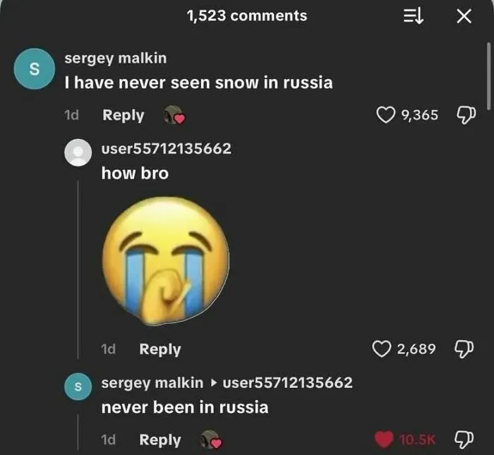 Hilarious memes from a comment section screenshot of a user admitting they have never been in Russia