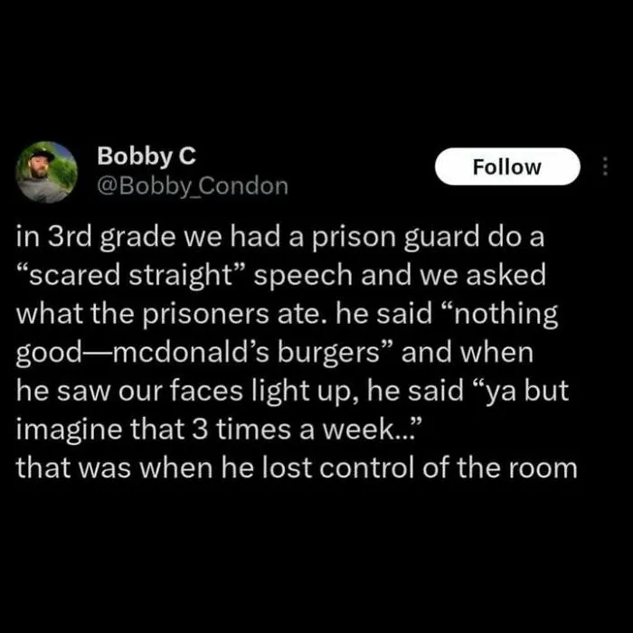 Edgy and hilarious memes screenshot of a Twitter post about a prison guard losing control of the room