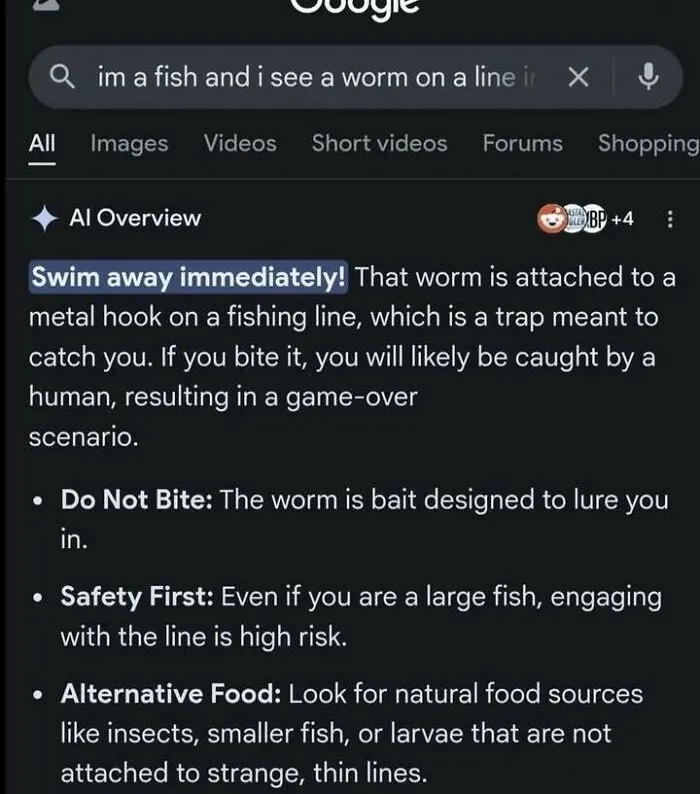 Hilarious memes of a Google AI Overview giving advice to a fish about avoiding a worm on a hook.