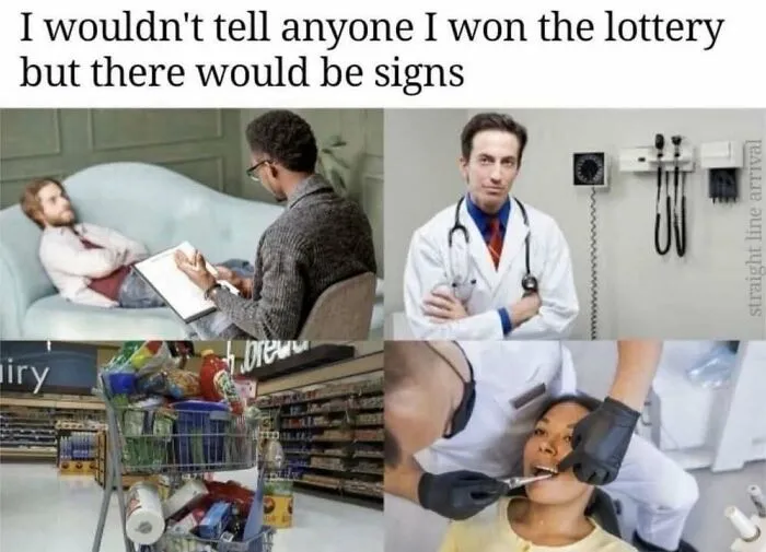 Four panels depicting expensive medical and dental care as hilarious memes about winning the lottery