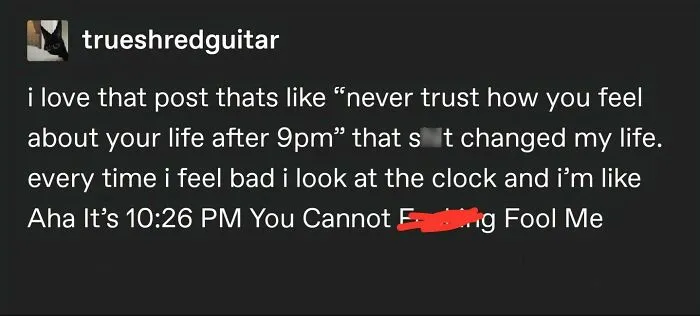 Edgy and hilarious memes screenshot of a social media post about late-night thoughts after 9pm.