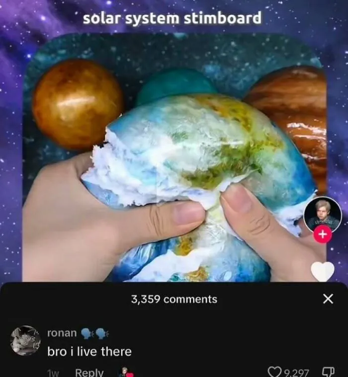 Hands squeezing a globe stress ball with a comment that makes day a little less boring.