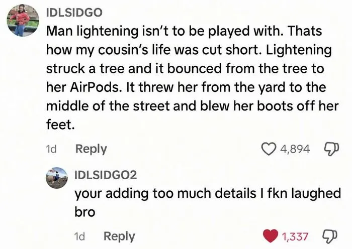 A funny comment thread about a lightning strike story, perfect for edgy and hilarious memes.