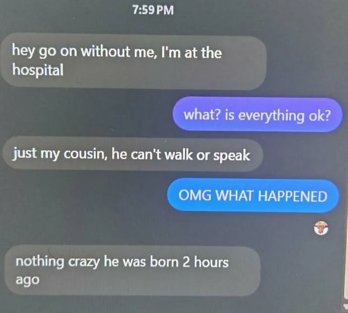 A text conversation about a newborn cousin, featuring hilarious memes style.