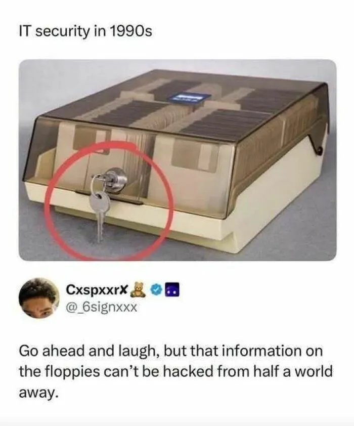 A post about 1990s IT security with floppy disks in hilarious memes about cybersecurity.