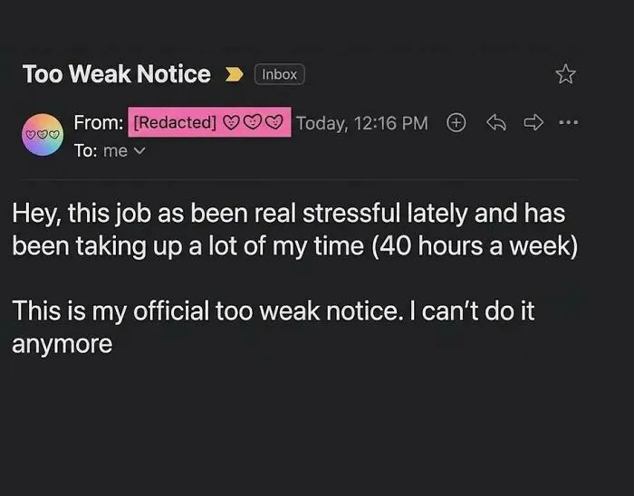 One of the hilarious memes featuring an email screenshot resigning with a too weak notice.