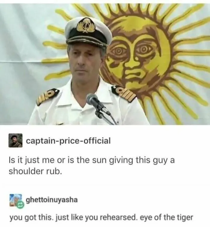 A hilariously funny meme featuring a military officer with the sun behind him acting like a shoulder rub.