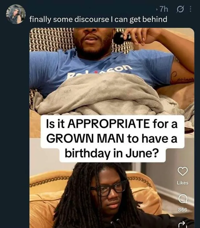 Edgy and hilarious memes screenshot of a video questioning if grown men should have birthdays in June.
