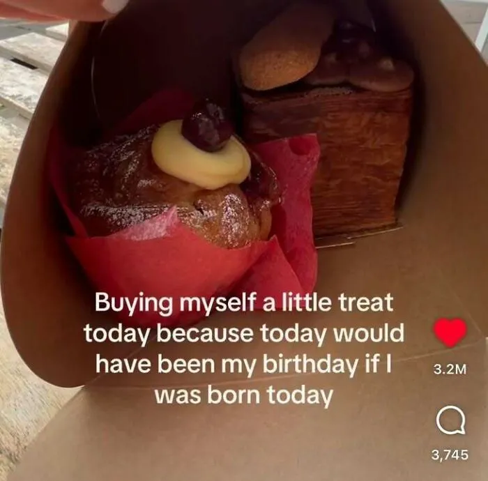 A humorous social media post about buying a birthday treat, making for edgy memes content.