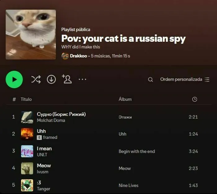 A funny Spotify playlist showing hilarious memes of a cat being a Russian spy.