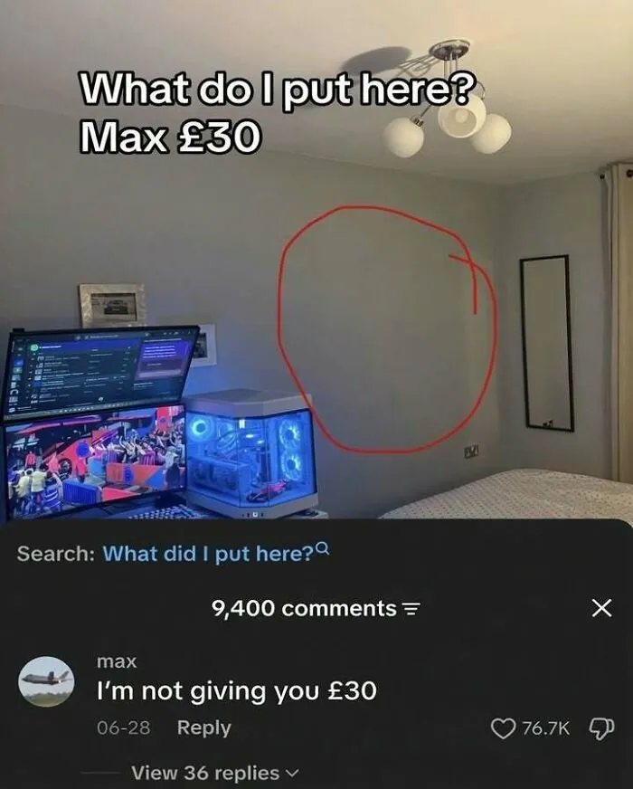 A social media comment section with edgy and hilarious memes about room decoration on a budget