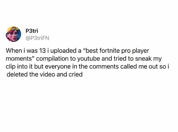 One of the hilarious memes featuring a Twitter post about a kid uploading a Fortnite compilation.
