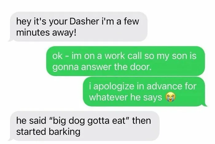 Funny texts about food delivery in hilarious memes about kids barking at the door.