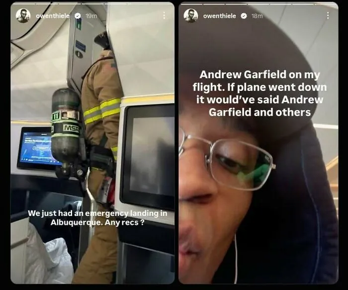 An Instagram story joke about Andrew Garfield being on a flight that had an emergency landing, a hilarious meme.