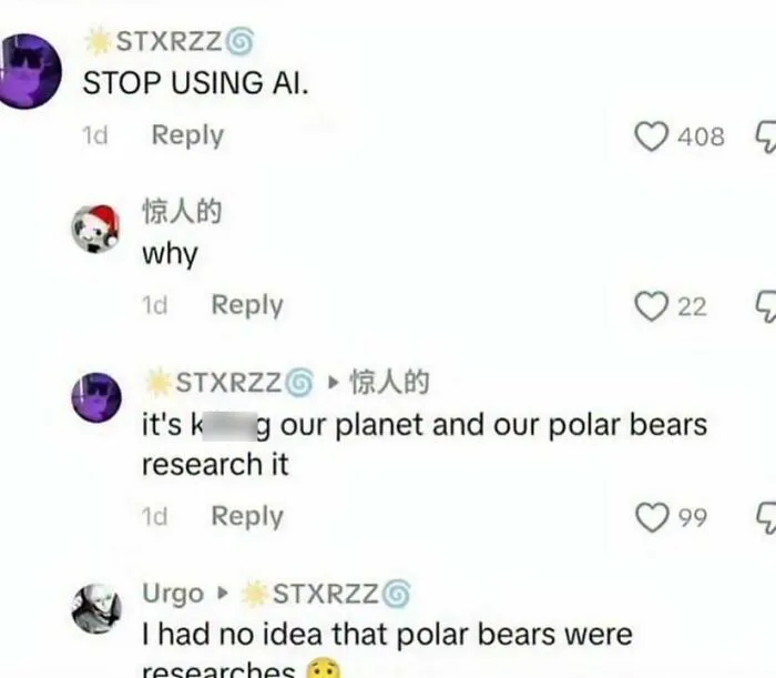 An online comment section discussing AI and polar bears in hilarious memes.
