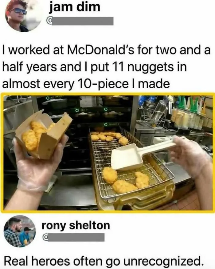 A fast food employee packing extra chicken nuggets, showcasing edgy and hilarious memes