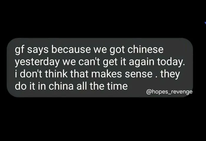 A text message showing hilarious memes about eating Chinese food with a witty punchline