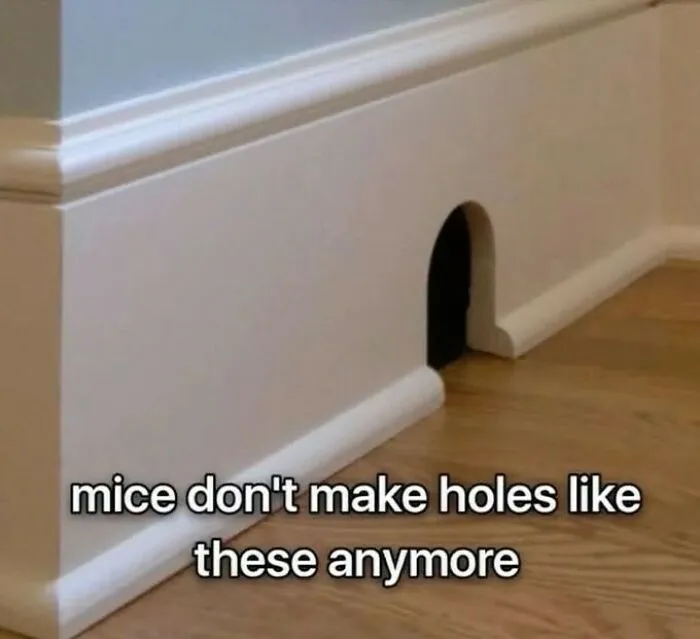 Funny image of a perfect cartoonish mouse hole in a white baseboard, a classic among hilarious memes.