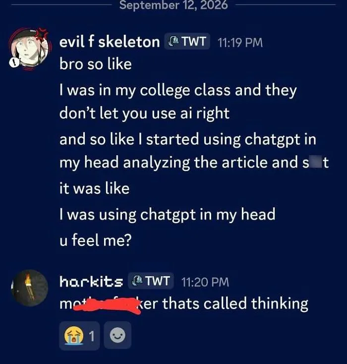 A Discord chat screenshot about using ChatGPT in your head, featured in edgy and hilarious memes.