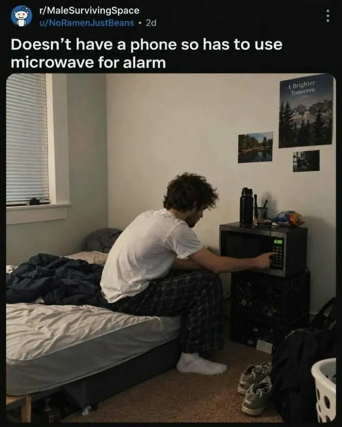 Hilarious memes depicting a young man using a microwave on a nightstand as an alarm clock