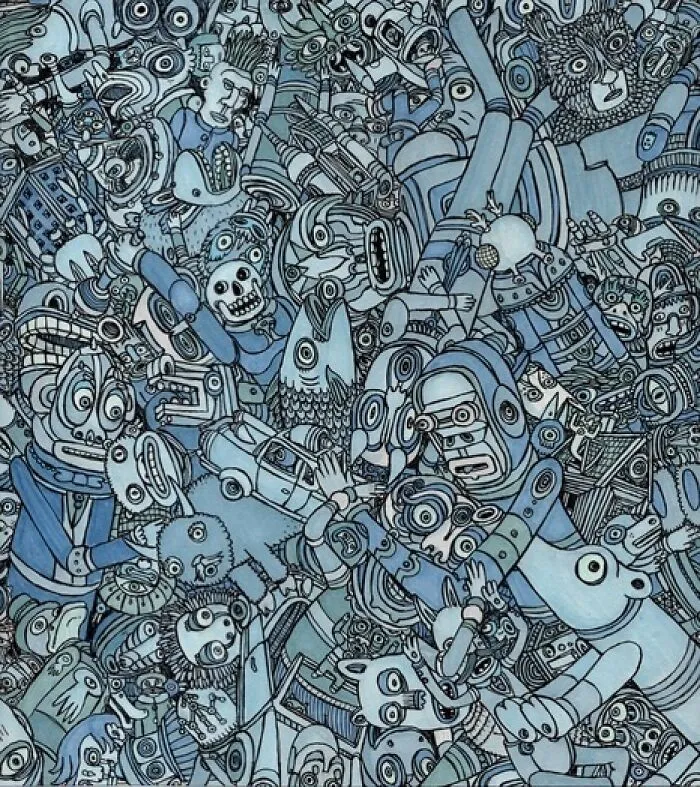 Theo Ellsworth blue-toned chaotic artwork featuring numerous fantastical creatures and robots