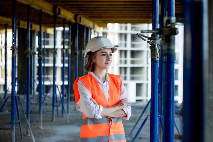 A female engineer in a hard hat and safety vest, highlighting women in male-dominated fields facing subtle sexism.