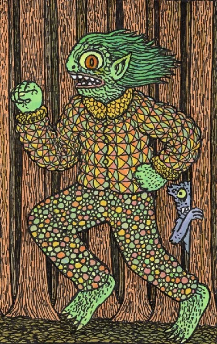 Green creature wearing patterned clothes running in forest by Theo Ellsworth