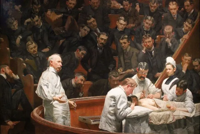Painting of a surgical amphitheater lecture showing a key moment in medical history.