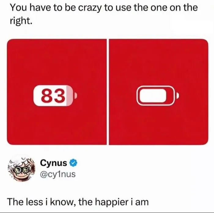Meme comparing battery levels with caption about being crazy funny meme