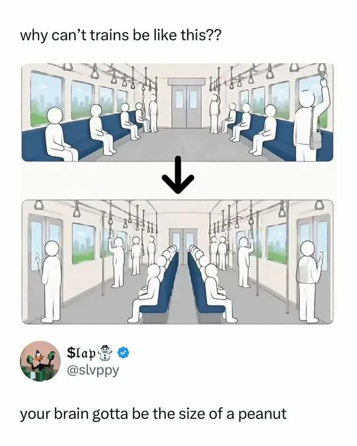 Illustration comparing train seating layouts with meme text about brain size