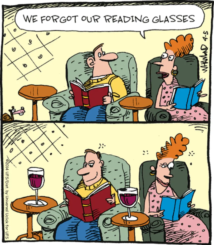 Couple forgets reading glasses while enjoying books in clever comics by Dave Whamond