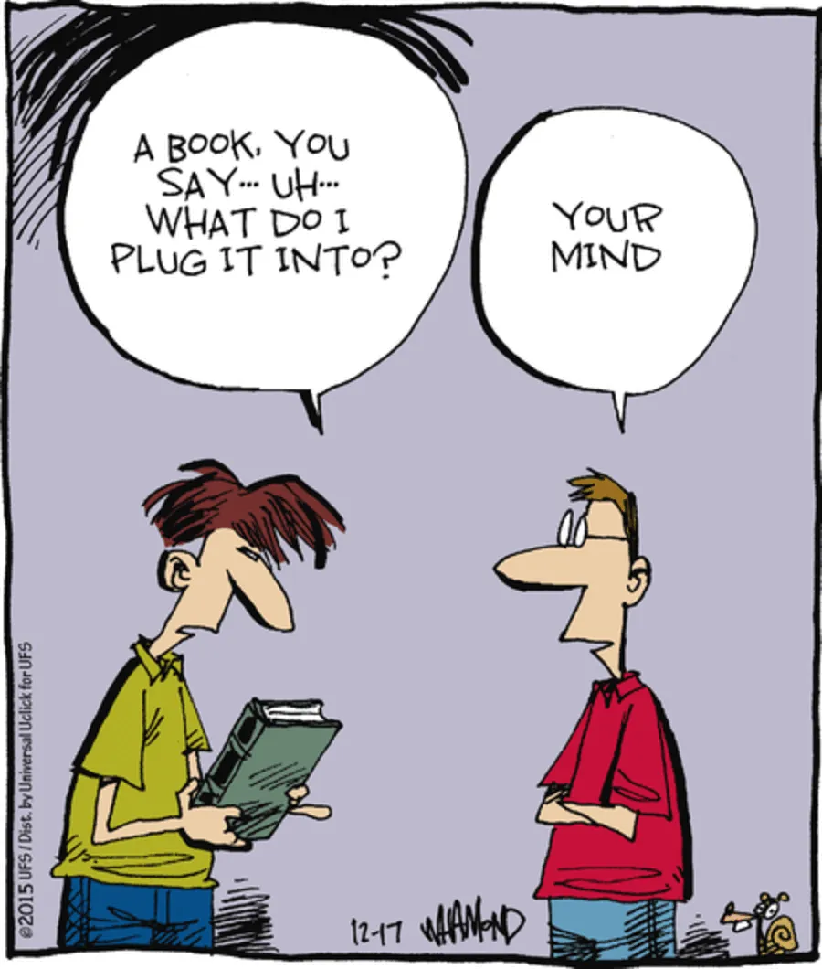 Clever comics showing a character asking where to plug a book into the mind