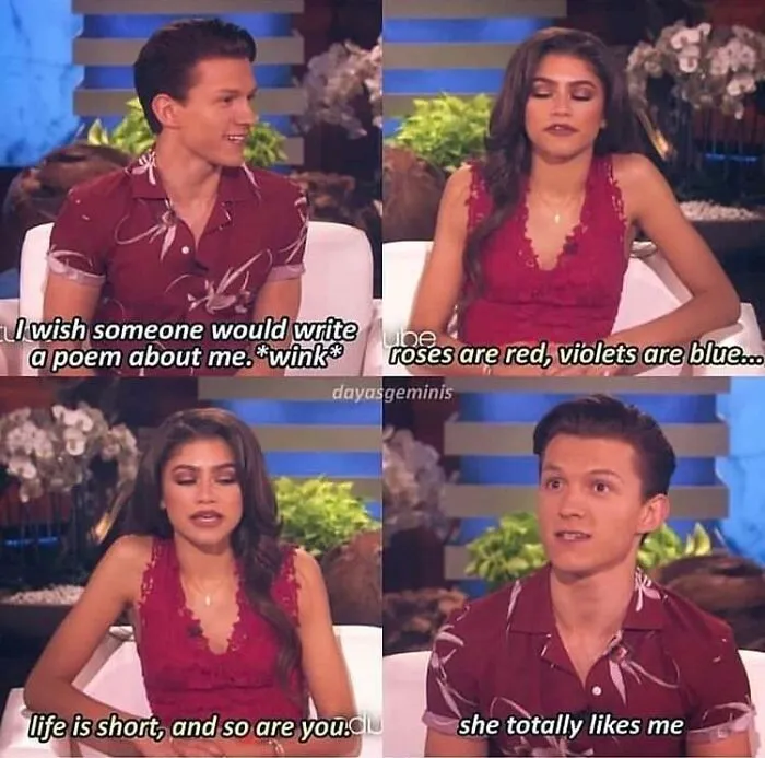 A cringe meme conversation between Tom Holland and Zendaya about a poem