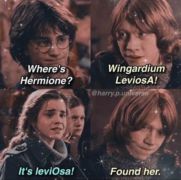 A four-panel Harry Potter cringe meme about Ron and Hermione with sparkly edits.