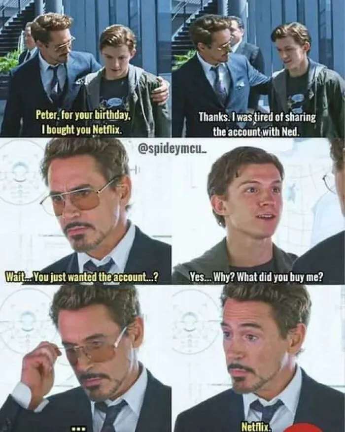 A cringe meme showing Tony Stark and Peter Parker talking about buying Netflix